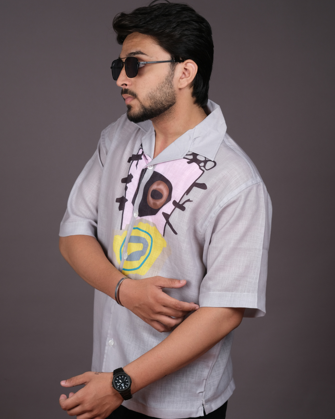 Men's Modern Abstract Print Light Grey Linen Blend Shirt