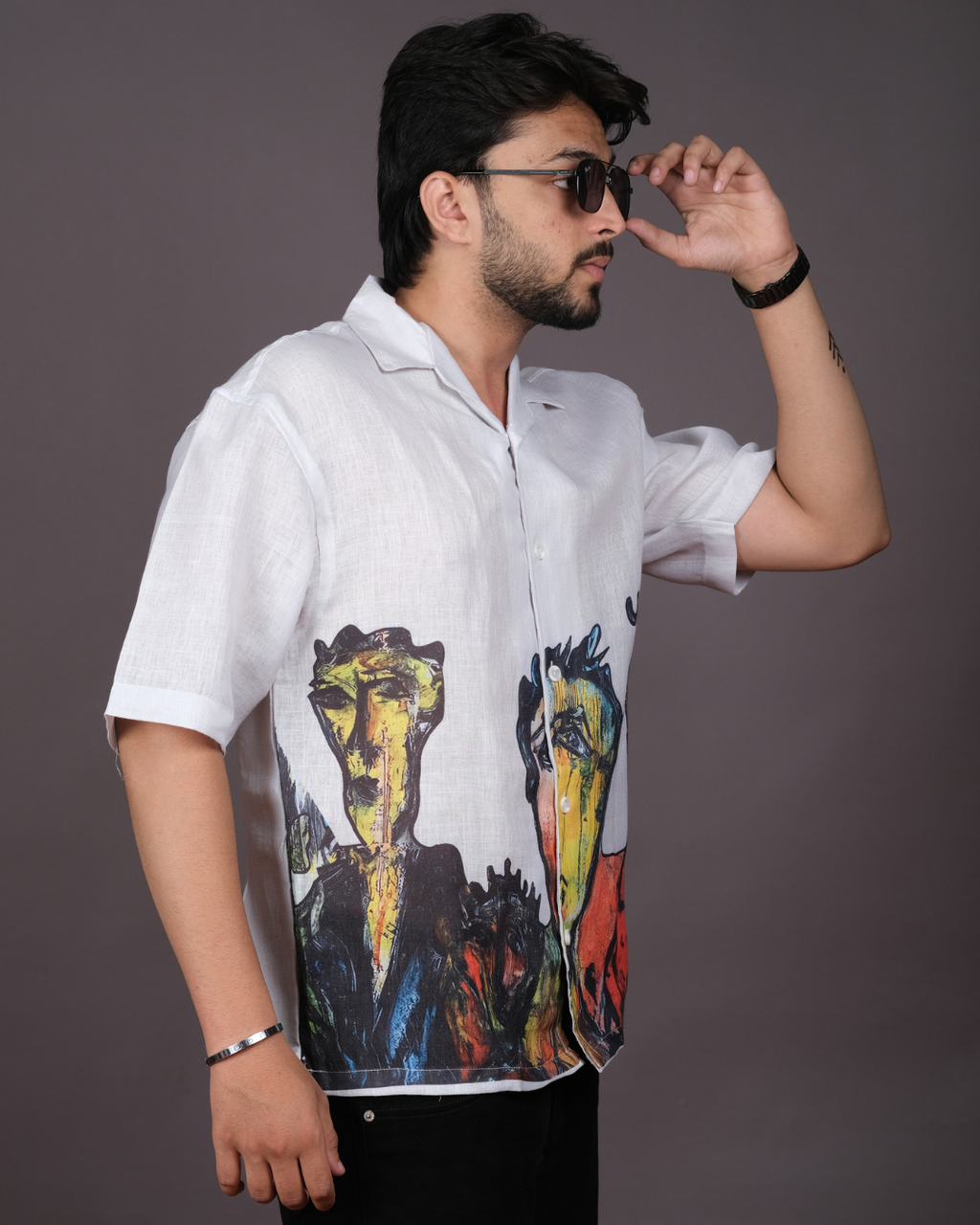 Men's Artistic Abstract Print White Linen Blend Shirt