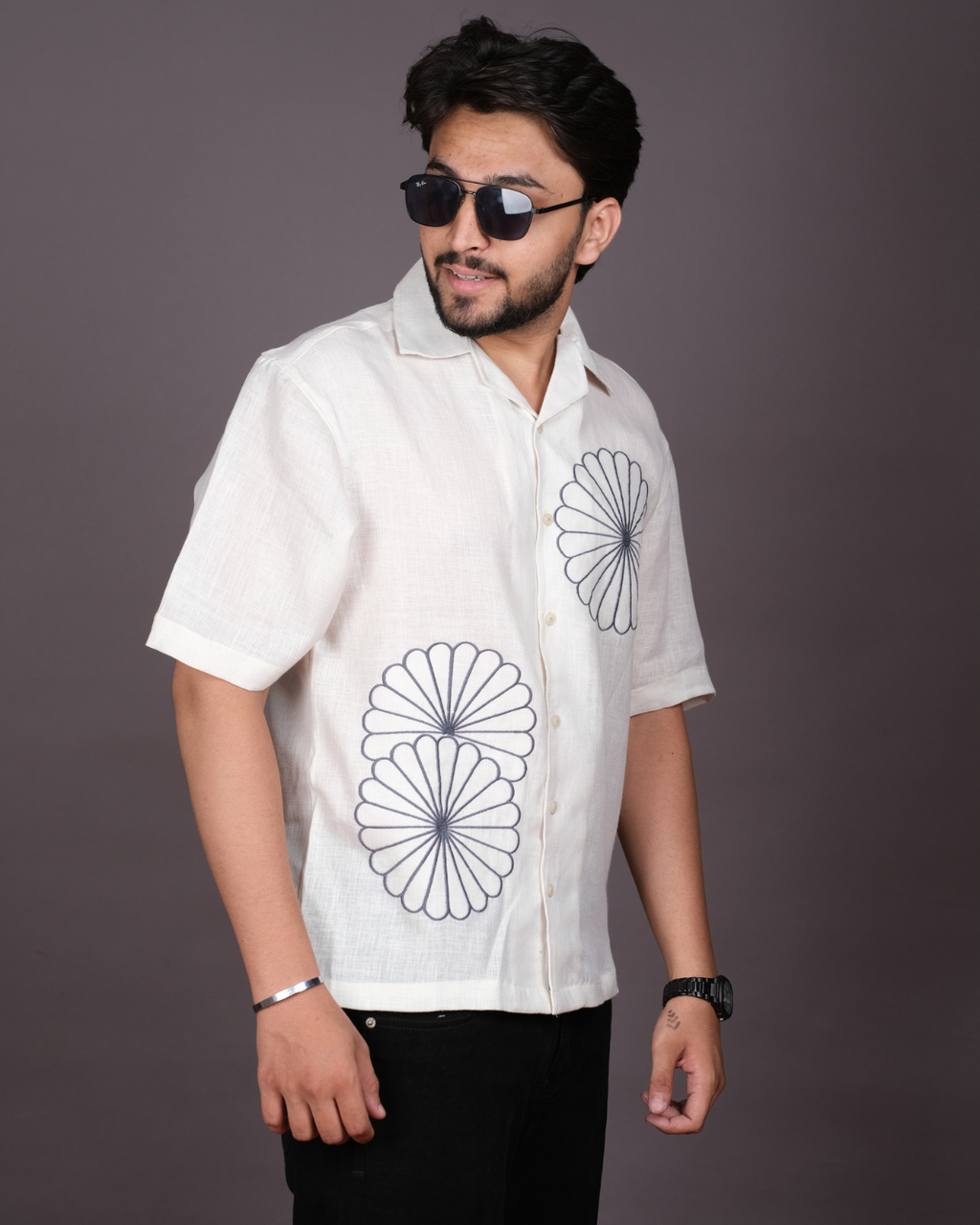 Men’s Linen Cuban Collar Shirt with Bold Floral