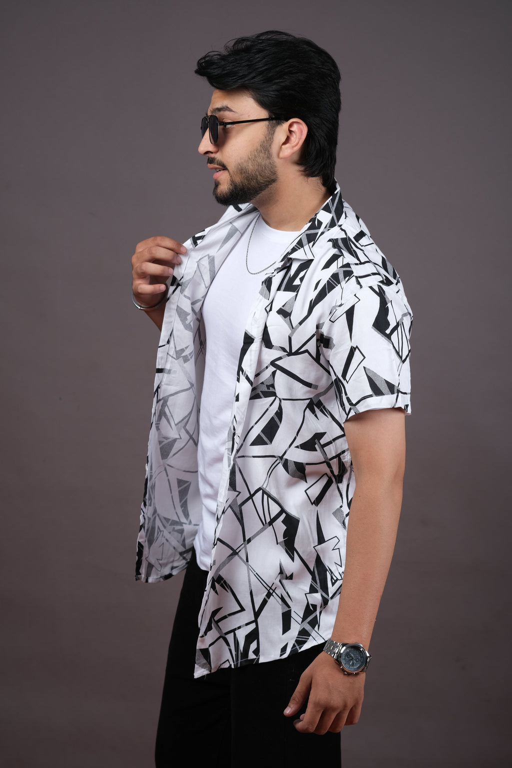 White Abstract Casual Shirt for Men